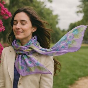 Elaine Gold Floral Scarf SILK Purple Blue Green Lightweight Spring Fashion 50x10